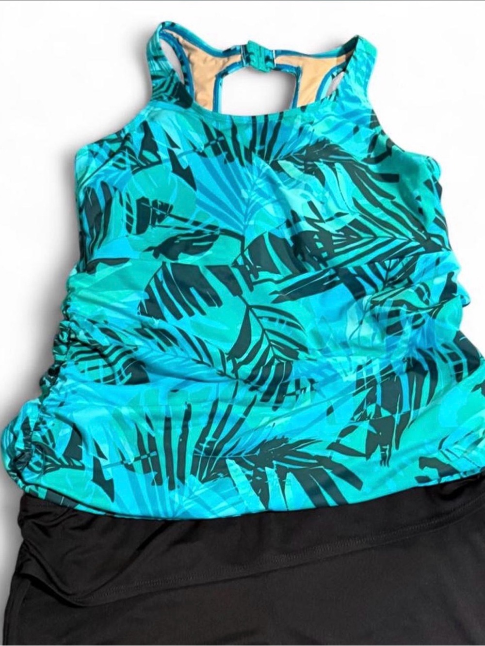 L.L. Bean Teal Tropical Print One-Piece Swimshirt and No Brand Black Swim Shorts